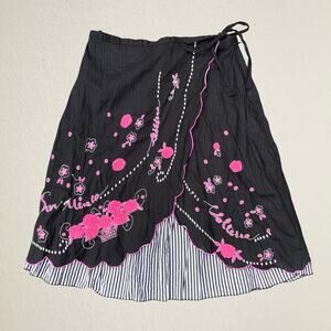 Y2K black and pink layered wrap skirt floral embroidered, whimsigoth fairycore